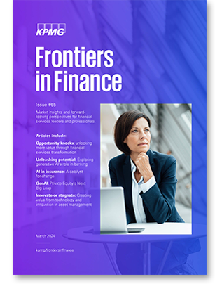 Portada de la revista ‘Frontiers in Finance’ de KPMG, edición #65, con artículos sobre finanzas y tecnología.