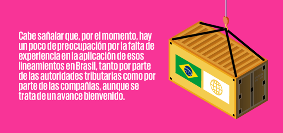 Contenedor de envío amarillo suspendido por una grúa rosa, simbolizando cambios legislativos en América Latina con enfoque en Brasil, destacando preocupaciones sobre la aplicación de nuevas directrices fiscales