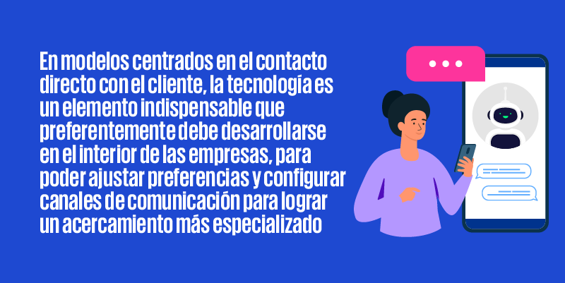 En modelos centrados en el contacto directo con el cliente, la tecnología es un elemento indispensable que preferentemente debe desarrollarse en el interior de las empresas, para poder ajustar preferencias y configurar canales de comunicación para lograr un acercamiento más especializado