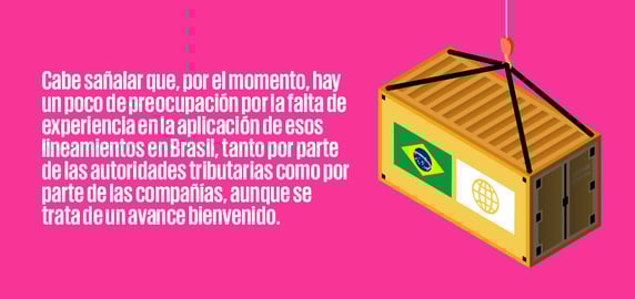 Contenedor de envío amarillo suspendido por una grúa rosa, simbolizando cambios legislativos en América Latina con enfoque en Brasil, destacando preocupaciones sobre la aplicación de nuevas directrices fiscales