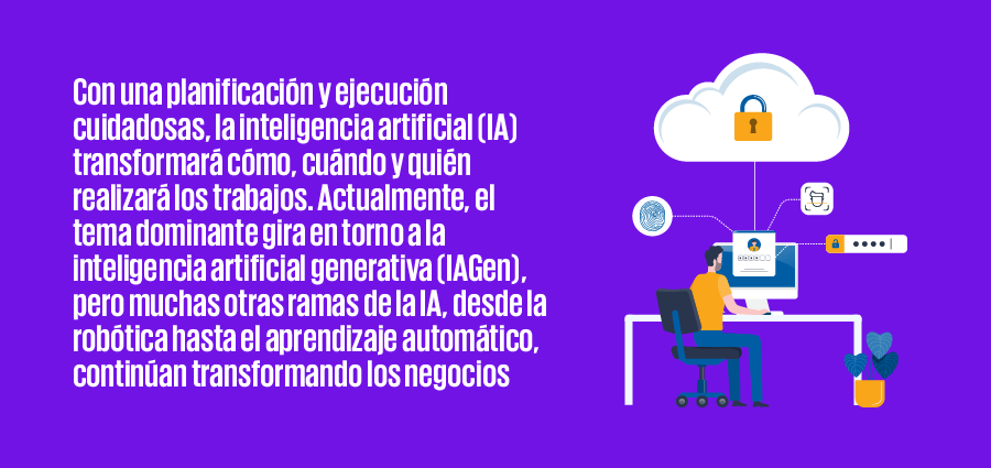 Ilustración de inteligencia artificial y tecnología con fondo morado. Incluye una nube con candado, una configuración de escritorio con iconos de cerebro de IA, gráficos y datos, y un individuo trabajando en el ordenador