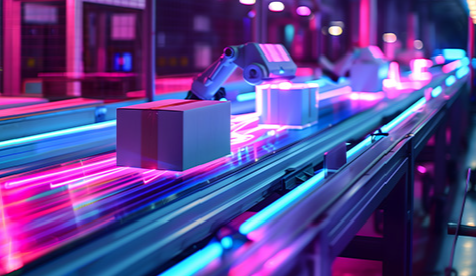 Producción automatizada con brazos robóticos en una fábrica moderna, manipulando cajas sobre una cinta transportadora iluminada con luces neón rosa y azul. Representa el avance tecnológico y la innovación industrial en México y Centroamérica en 2025